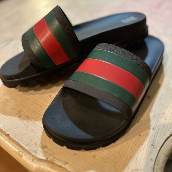 Black Slides with Red and Green Stripes - Picture 3 of 4
